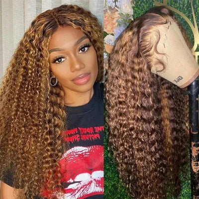 Highlights Curly Wig 13x4 TransparentLace Wig Human Hair P4/27 Color