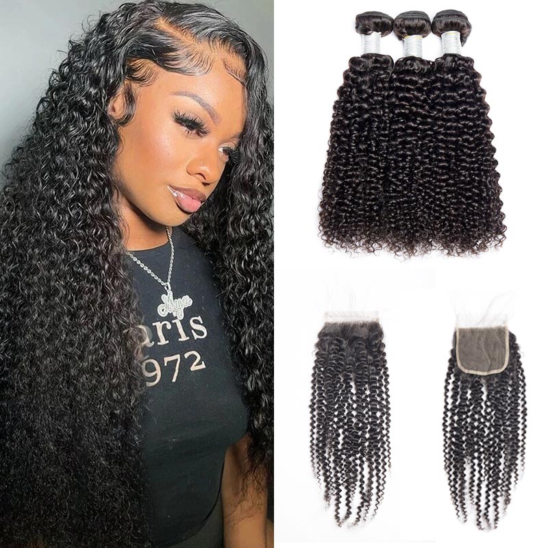 Brazilian Remy Hair Curly Hair 3 Bundles With Lace Closure