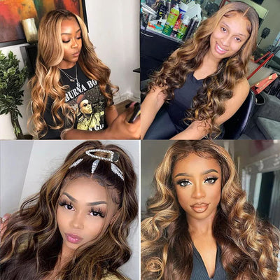 Balayage Color Brown Wig With Highlights Body Wave Transparent Lace 13x4 Lace Wig