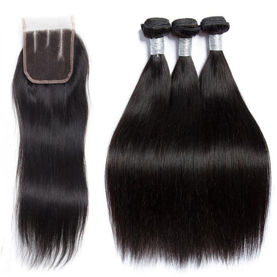   Brazilian Virgin Remy Straight Human Hair 3 Bundles With Lace Closure